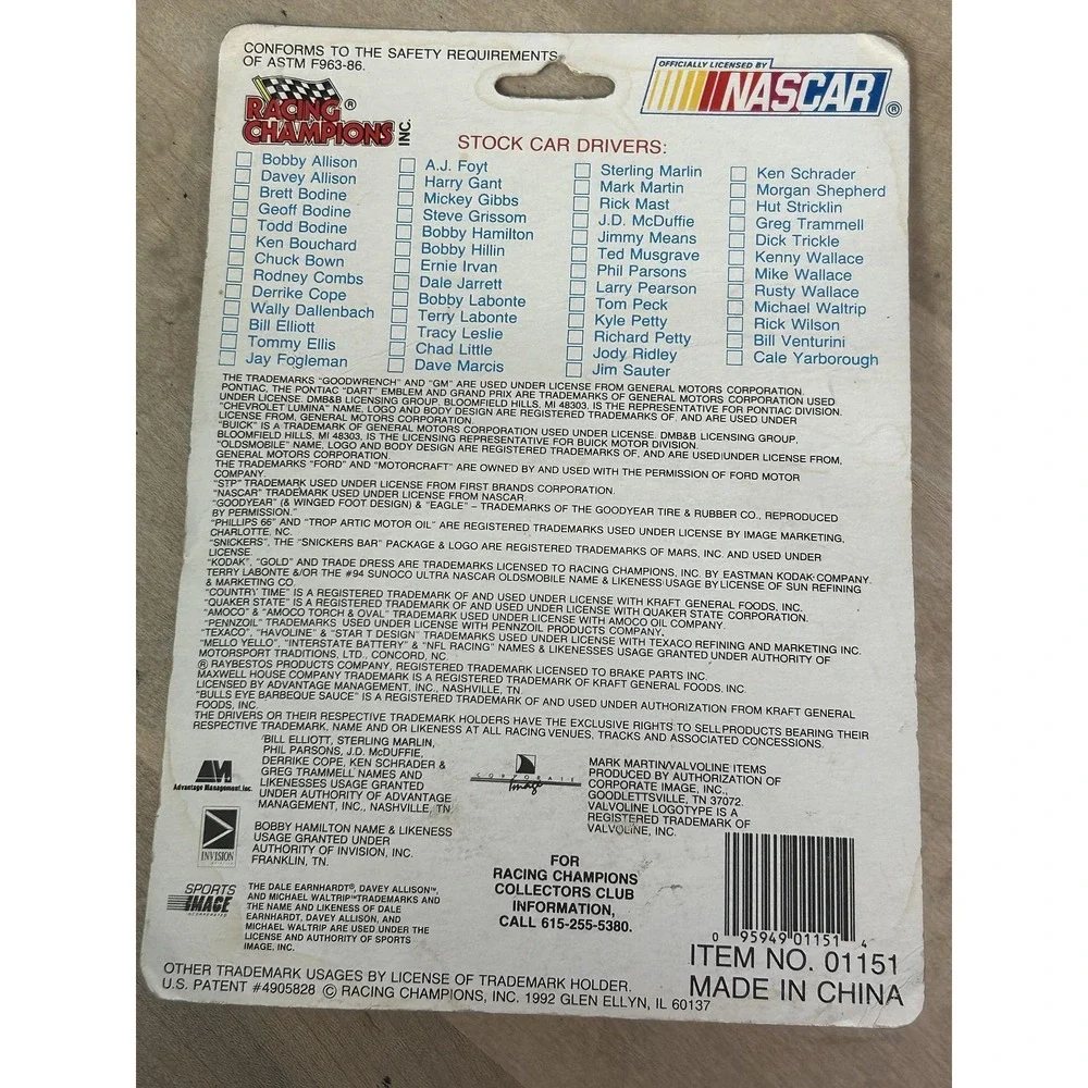 Vintage 1992 Racing Champions NASCAR Harry Gant #33‎ Stock Car Die-Cast Card
